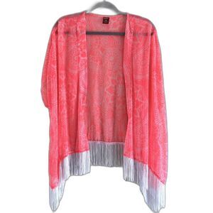 Arizona Jeans Sheer Kimono Cover Up Bright Pink White Fringed Hem Size S Casual